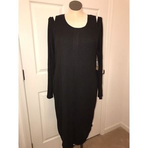RACHEL ROY Ribbed Bodycon Black Dress 2X, LBD, Cold Shoulder, Midi Dress